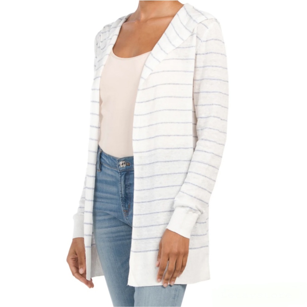 Cynthia‎ Rowley Womens Linen Striped Hooded Cardigan White Blue Large Open Front